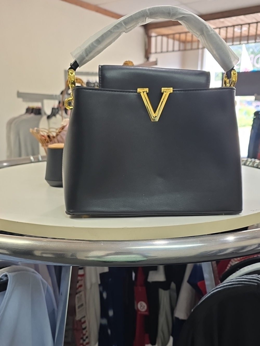 Valentino Black Leather Top-Handle Satchel with Gold V Accent